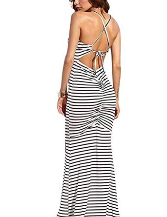 Hioinieiy Women’s Striped Mermaid Bodycon Maxi Dress Srunch Ruched Butt Lifting Backless Tight Long Dresses