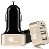1byone 3-Port 51A26W Aluminum Panel Rapid USB Car Charger for iPhone iPad iPod Samsung Smartphones Android Smartphones Tablet and More Digital Devices with 5V Input Black and Gold
