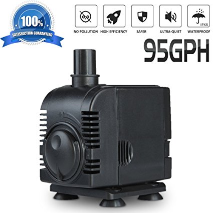 Submersible Water Pump 95GPH (350L/H) Professional Ultra-quiet Mini Water Pump for Aquarium,Garden,Pond,Fish Tank and Fountain with 6.2ft UL Listed Power Cord