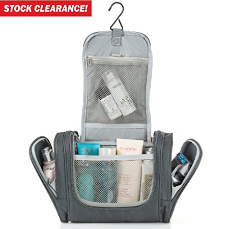 Hanging Toiletry Bag for Travel Accessories - Toiletry Kit - Shower Bag - Best Large Compact Flat Nylon Leakproof Mens Womens Toiletries Cosmetics Makeup Organizer for Traveling Gym Bathroom - Gray