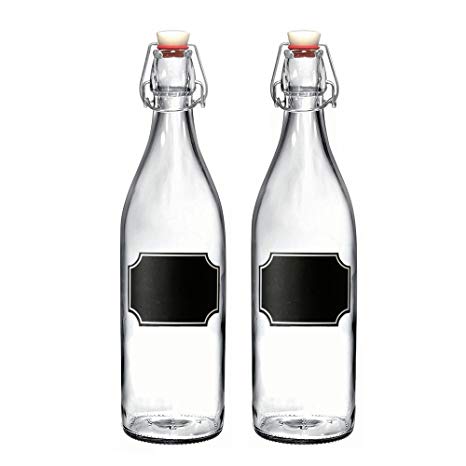 2-Pack Giara Bottles w/Chalkboard Labels, Resealable Giara Glass Bottles, 33.75 oz. Glass Bottles for Kombucha, Vinegar, Craft Beer & More, Decorative Glass Bottles with Stoppers, Air Tight Bottles