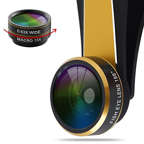 ZiKON 3 in 1 Cell Phone Camera Lens Bundle with 198 Degree Fisheye Lens, 15X Macro Lens, 0.63X Wide Angle Lens and Accessories for Smart Phones - Gold