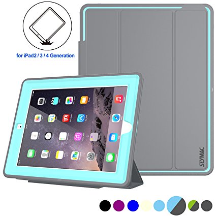 iPad 4 Case [Heavy Duty] Full-body Rugged Hybrid Protective SMART AUTO SLEEP/ Wake Case Cover with PU Leather Stand for the New iPad 4 & 3 Three Layer Design   Impact Resistant Bumper (Gray/ Sky Blue)