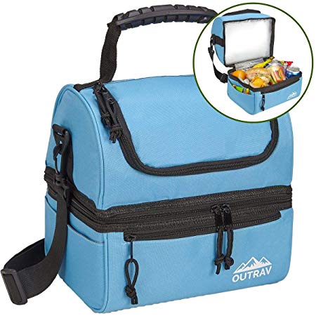 Blue Padded Insulated Lunch Bag Cooler – Soft Collapsible Leak Proof Tote For Camping, Picnics and Travel – 2 Large Compartment, Zippered Pocket and Side Pouches - Outrav