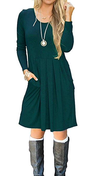 I2crazy Women's Casual Pleated Loose Swing T-Shirt Dress With Pockets Knee Length