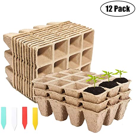 YBB 12 Packs Peat Pots Seed Starter Trays, 144 Cells Biodegradable Organic Germination Seedling Trays Vegetable Fruit Plant Starter Kit with 60 Pcs Colorful Plant Labels