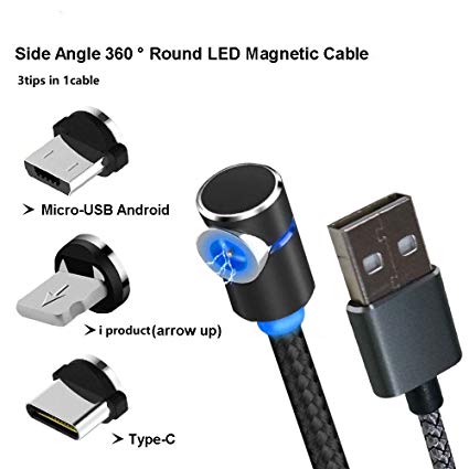 Side Magnetic Charger Charging Cable for Micro USB Android Type C Phone Pad Tablet Xbox Devices.Side Angle 360° Round Max 2.4A Fast with Soft LED Indicator. (Android TypeC, 2 Tips in 1 Cable)