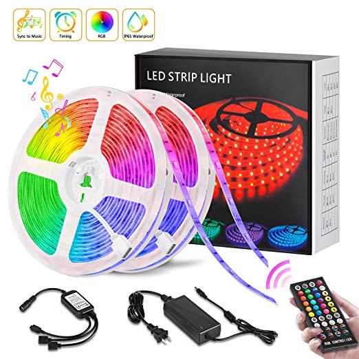 LED Strip Lights with Remote, 32.8ft RGB Color Changing Strip Lights Sync with Music, IP65 Waterproof LED Light Strips, Timing, Dimmable 5050 LED Flexible Rope Lights for Bedroom, TV, Ceiling