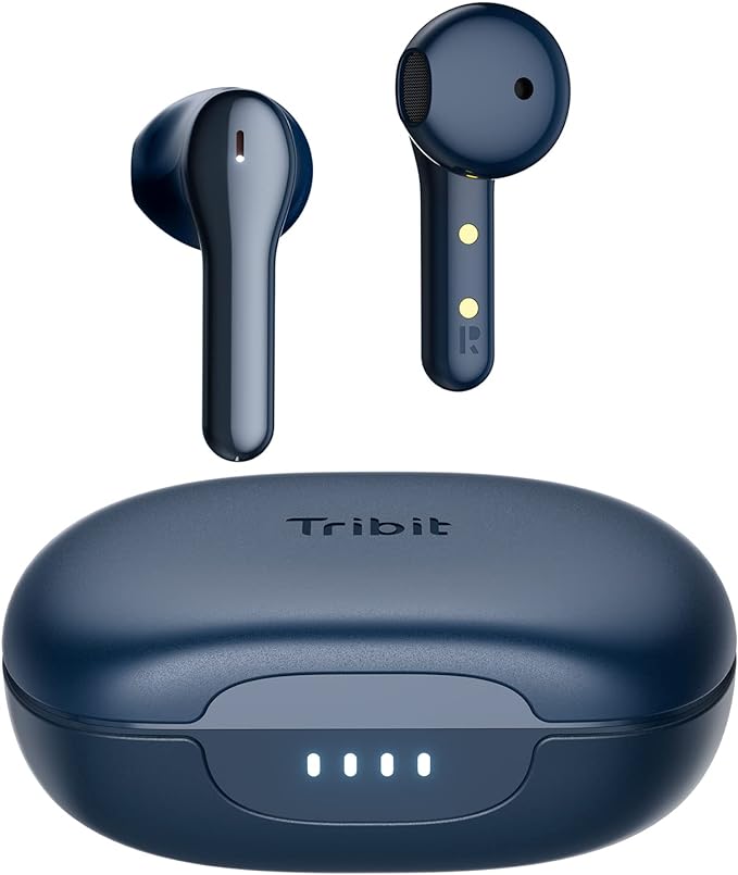 Tribit Wireless Headphones, Wireless Bluetooth Earbuds, Noise Canceling with 4 Microphone 32H Playtime, Waterproof Earphones for Music Calls School Work, Flybuds C2 Blue