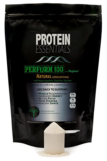 Collagen Sports Performance Powder, Perform 100, Premium Peptan Hydrolyzed Peptides Hydrolysate 25g Protein and 7g BCAA, Non Dairy, Paleo Friendly (Natural with a Hint of Citrus)