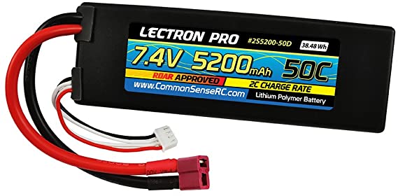 Lectron Pro 7.4V 5200mAh 50C Lipo Battery with Deans-Type Connector for 1/10 Scale Cars, Trucks, and Buggies