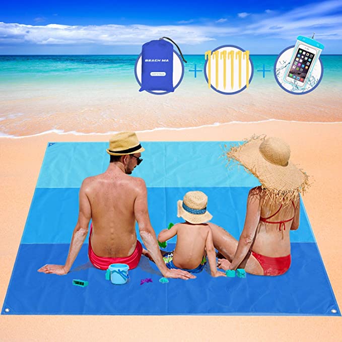AWAVO Sand Free Beach Blanket, 6.9' x 6.5' Waterproof Large Beach Mat & Sand Mat Beach, Quick Drying Ripstop Nylon Compact Outdoor Beach Mat for Travel, Camping, Hiking and Music Festivals