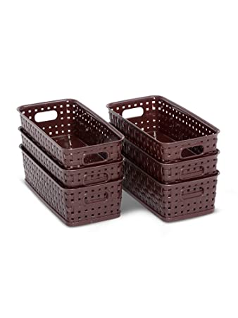 Cherry 6-Pc Multipurpose Storage Plastic Basket (Small) with Handle (Brown)