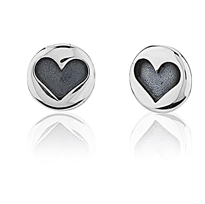 925 Sterling Silver Small Round Stamped Heart Stud Earrings