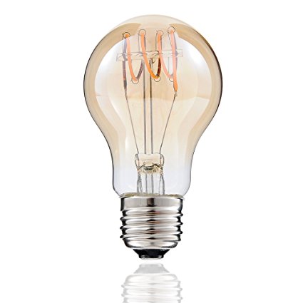 Vintage Flexible/BENT Spiral Lamp A19/A60 LED Curved Filament Bulb - Amber Tinted Glass 4W LED Light Bulb(40W Equivalent LED Edison Bulb ), Dimmable, Screw E26 Base, Warm White 2200K, 120V,1 Pack