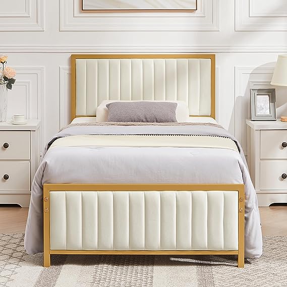 VECELO Twin Bed Frame with Upholstered Tufted Headboard & Footboard, Heavy Duty Steel Slats Platform, No Box Spring Needed, Gold