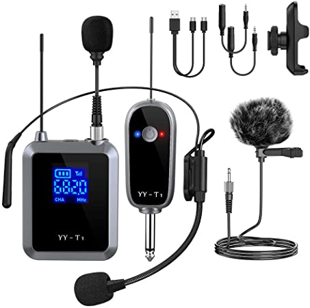 UHF Wireless Microphone System, Lavalier Lapel Mic/Headset Mic/Stand Mic, with Rechargeable Bodypack Transmitter & Receiver for iPhone, DSLR Camera, PA Speaker, YouTube, Podcast, Vlog (165 ft Range)