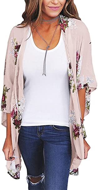 BB&KK Women's Floral Kimono Cardigans Chiffon Casual Loose Open Front Cover Ups Tops