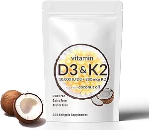 2-in-1 Vitamin D3 K2 Supplement Softgel, 10000 IU VIT D3   200 MCG Vitamin K2, Free of GMO, Gluten, Soy, Bone Health, Cardiovascular Health Support, Aiding in Calcium Absorption, 300 Pcs (300 Pcs)