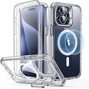 ESR for iPhone 15 Pro Max Case, Full-Body Shockproof MagSafe Case, Built-in Stash Stand, 1 Set of Individual Lens Protectors, Magnetic Phone Case for iPhone 15 Pro Max, Armor Series, Clear