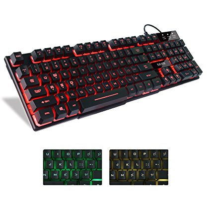 Gaming keyboard,Mafiti RK100 Mechanical Feeling keyboard USB wired Multimedia Keyboard with 3 Colors LED Backlit, 104 Keys