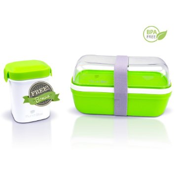 See-Through Bento Box w/Free Companion Cup - Multi-Compartment Bento Lunch Box with free Utensils and free fruit/snack/soup cup, (Green).