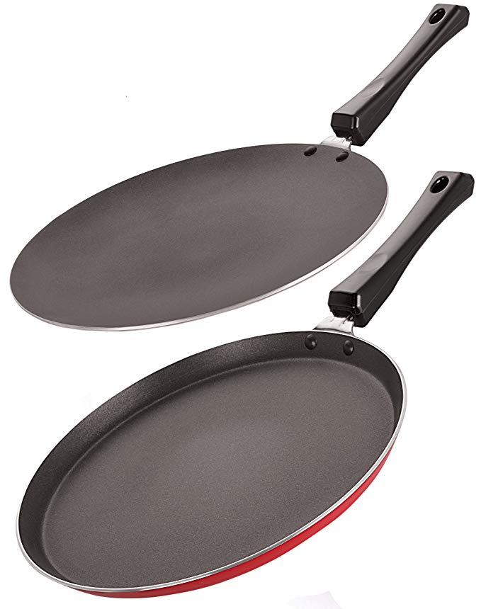 NIRLON Nonstick Cookware 3 Layer combo set of Roti Concave Tawa 28.5cm & Crispy Dosa Flat Tawa 27.5 cm (Aluminium,Red & Black)