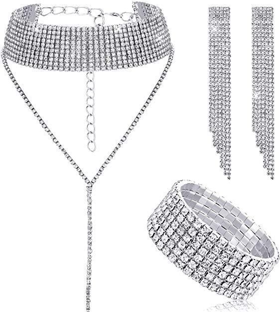 Hicarer Women Crystal Jewelry Set Bridal Wedding Rhinestone Choker Bracelet Dangle Earrings