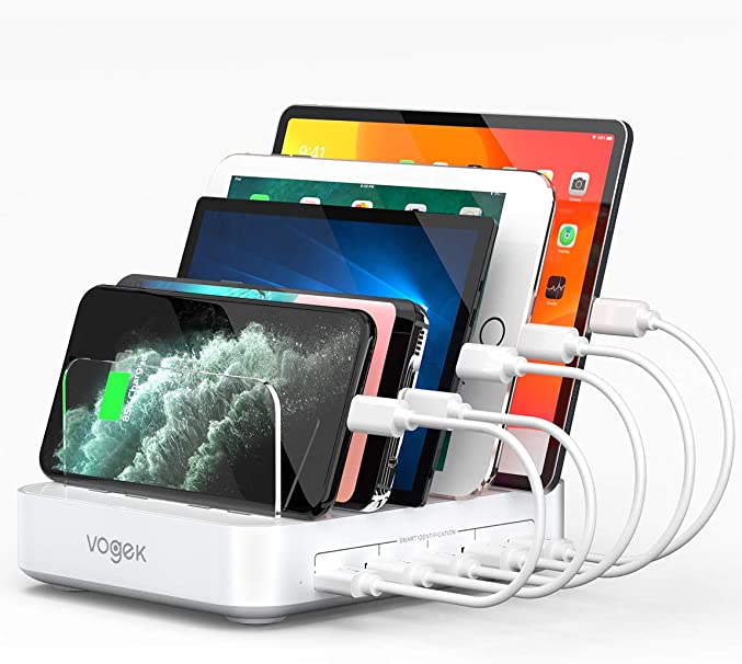Charging Station, Vogek 5-Port 50W 10A USB Charging Station for Multiple Devices with 8 Short Mixed Cables for Cell Phones, iPhone,Tablets, Not Includ Iwatch & Airpod Stand - White