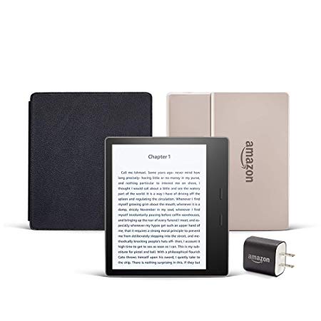 Kindle Oasis Essentials Bundle including Kindle Oasis 7" E-reader (32 GB, Wi-Fi, Champagne Gold, Special Offers), Amazon Leather Cover (Black), and Power Adapter