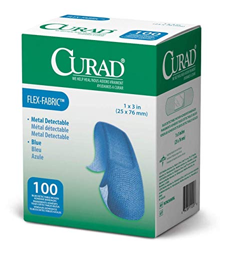 Curad Metal Detectable, Blue, Flex-Fabric, 1" X 3" Adhesive Bandages for Food Service (1)