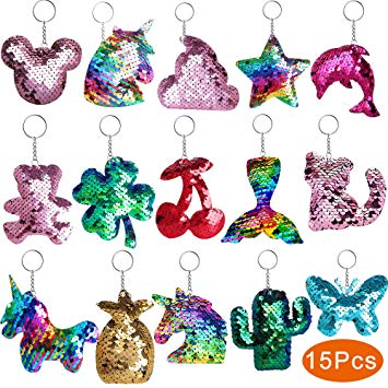 Outee Sequin Keychain 15 Pcs Flip Sequin Keychain for Mermaid Tail Clover Cat Animals Shape Party Supplies Favors for Kids Adults Party Events Gift 15 Different Designs