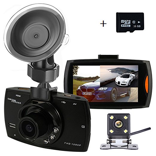 Dual Backup Camera and Dash Cam with FHD 1080P Resolution 2.7''LCD Screen Night Vision Safety Parking Monitor,Waterproof 140 Degree Dashboard Cam with 170 Degree Rear View Camera(16GB Card)