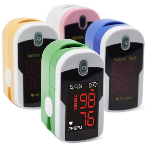 Concord Generation 3 Fingertip Pulse Oximeter Oximetry Blood Oxygen Saturation Monitor with silicon cover batteries and lanyard - Green Pink Blue and Yellow