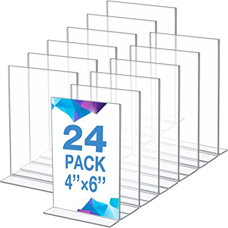 24 Pack Acrylic Sign Holder (4 x 6 Inch) Clear Plastic Picture Frames T Shaped Poster Menu Sign Double Sided Acrylic Paper Holders for Display Wedding Office Restaurant Hotel(4 x 6 Inch)