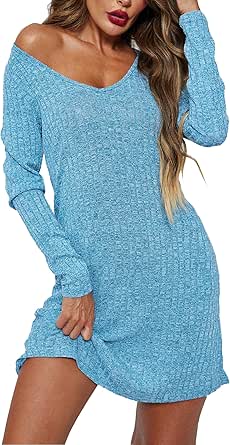 Ekouaer Womens Nightgown Long Sleeve Rib Knit Pajama Dress V Neck Soft Loungewear Sleepwear S-XXL