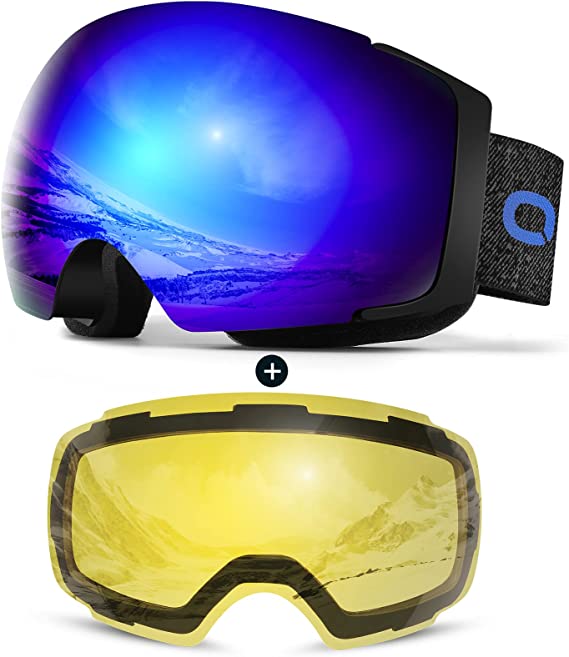 Odoland OTG Ski Goggles Set with Detachable Lens, Frameless Interchangeable Magnetic Lens for Skiing Skating Snowboard, Anti-Fog and UV400 Protection Snow Goggles for Men and Women