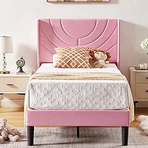 VECELO Twin Upholstered Platform Bed Frame with Fabric Headboard,Wooden Slats Support/No Box Spring Needed/Mattress Foundation for Girls,Boys,Pink