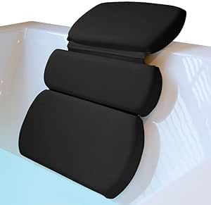 Gorilla Grip Bath Pillow for Tub, Improved Strong Suction Cups, Waterproof Headrest, Comfortable Bathtub Pillows for Neck Head and Back Support, Home Spa Accessory, 3 Panel, 14.6 x 11.4 Inch, Black