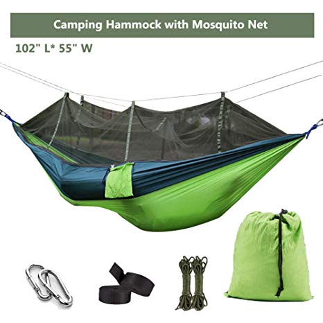 Ufanore Camping Hammock with Mosquito/ Bug Net, Lightweight Nylon Portable Hammock Includes Nylon Straps and Steel Carabiners , Easy Assembly Parachute Hammock for Camping, Backpacking, Survival, Travel, Beach, Yard and More