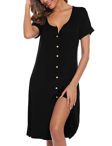 Genhoo Nightgown Women's Short Sleeve Button Down Sleepwear V-Neck Nightshirt Pajama Dress with Pockets S-XXL
