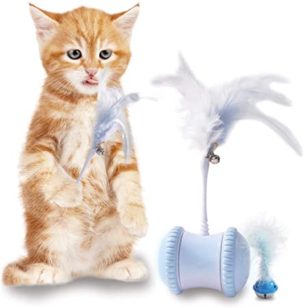Cat Toys for Indoor Cats Interactive Cat Toy, Automatic Cat Feather Toys, USB Rechargeable Kitten Toys with 360°Self Rotating Ball & Led Light, 2 Feathers, Suitable for All Floor, Carpet