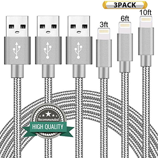 Youer Lightning Cable 3Pack 3FT 6FT 10FT Nylon Braided Certified iPhone Cable USB Cord Charging Charger for Apple iPhone X, 8, 7, 7 Plus, 6, 6s, 6 , 5, 5c, 5s, SE, iPad, iPod Nano, iPod Touch (Gray)