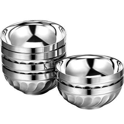 SATINIOR 6 Pack 13 OZ Stainless Steel Bowl Set Double-walled Insulated Metal Snack Bowls (Grooved)