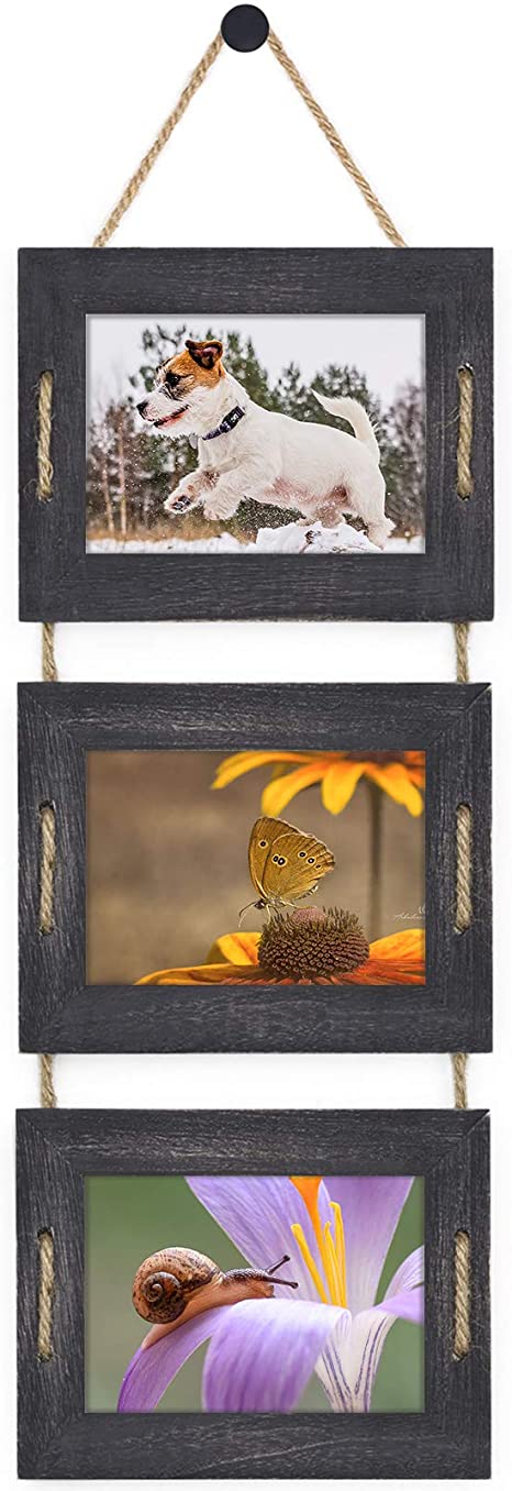 DLQuarts Hanging Picture Photo Frames Collage 5x7 Without Mat & 3.5x5 with Mat, Rustic Wood 3-Frame, Weathered Black