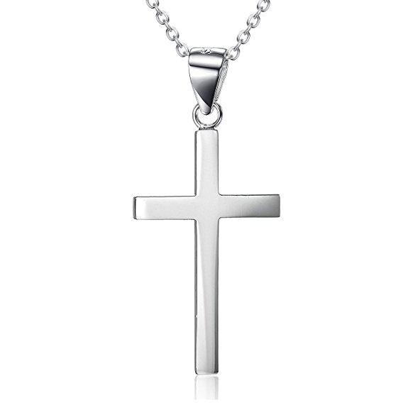 14K White Gold Plated Sterling Silver Cross Pendant Necklace for Men Women Girls Boys