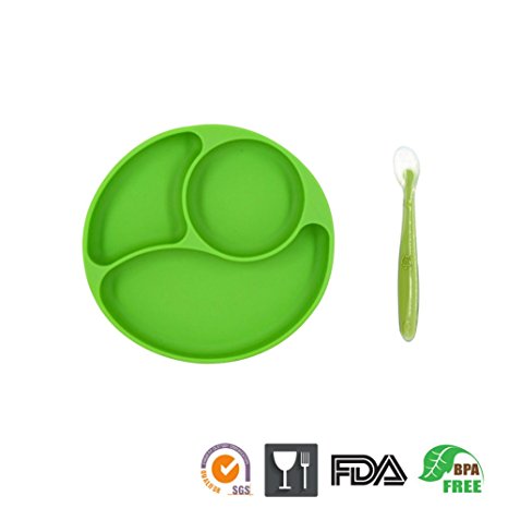 One-Piece Silicone Mini Placemat Plate-Highchair Feeding Tray Suction Placement with a ziplock bag for Children, Kids, Toddlers,Kitchen Dining Table Out Door Travel with FREE SPOON(Green Round)