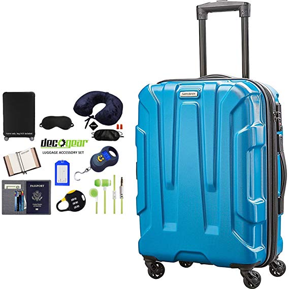 Samsonite 92794-2479 Centric Hardside 20 Carry-On Luggage Spinner - Caribbean Blue Bundle w/Deco Gear Luggage Accessory Kit (10 Item)