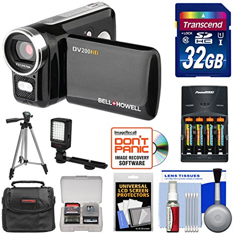 Bell & Howell DV200HD HD Video Camera Camcorder with Built-in Video Light with 32GB Card   Batteries & Charger   LED Light   Tripod   Kit