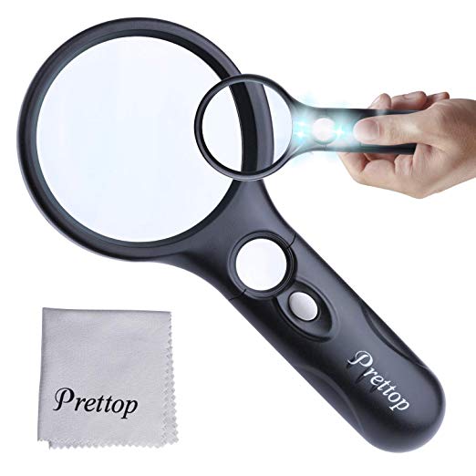 Prettop Magnifying Glass With Light for Reading LED Handheld Magnifier 3X 45X Illuminated for Children Hobbies Crafts Black